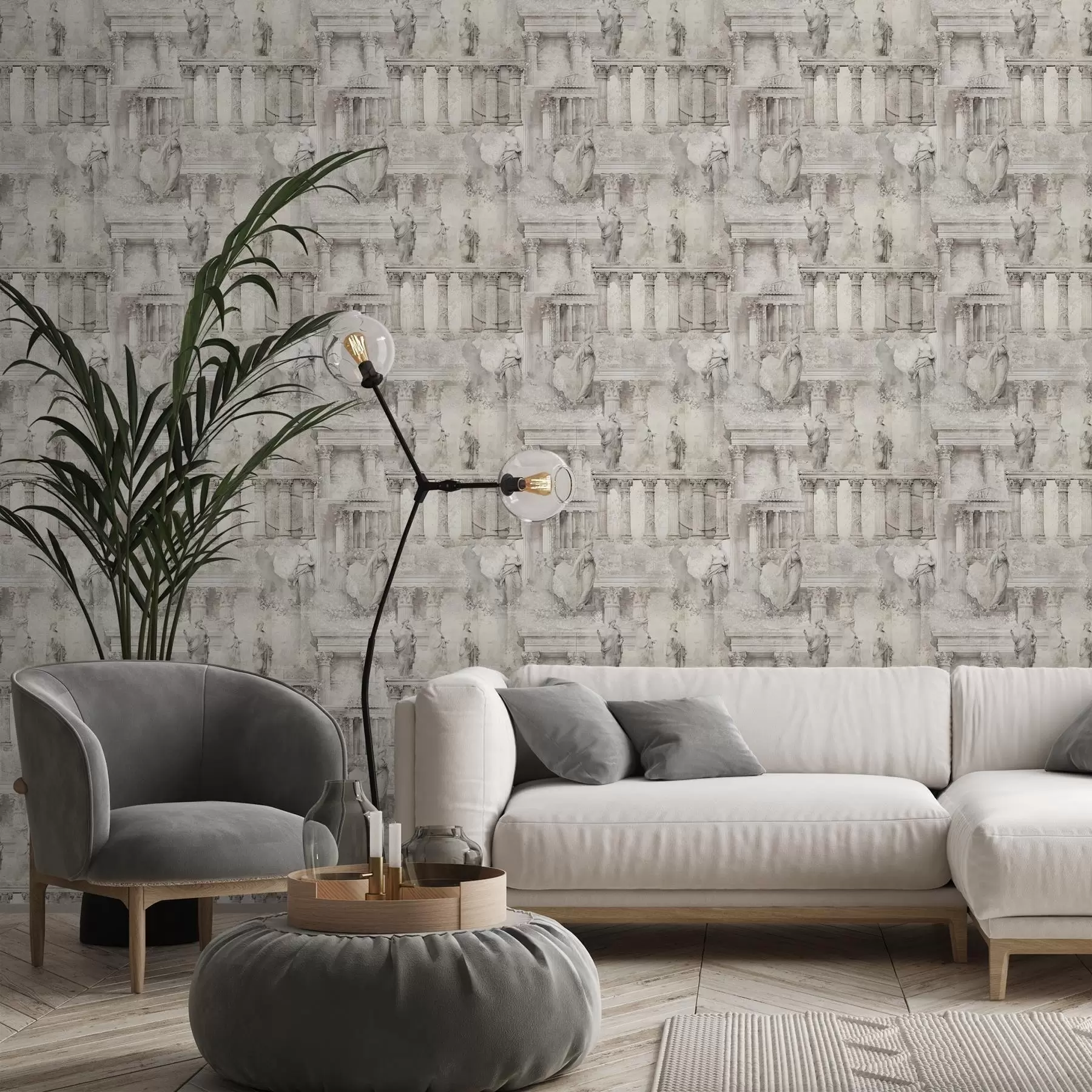 Фототапет Антични статуи и колони в меки бежово-сиви тонове a01041