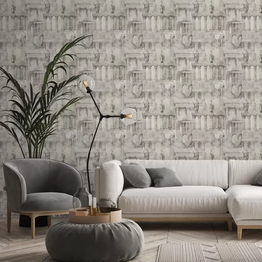 Фототапет Антични статуи и колони в меки бежово-сиви тонове a01041