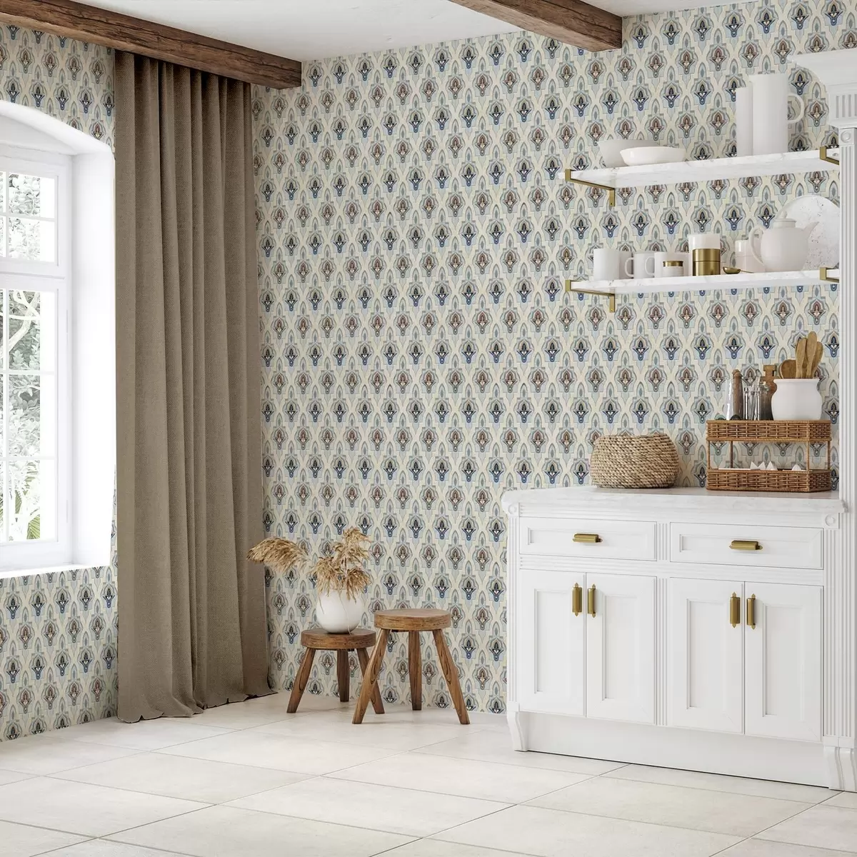 Тапети Ориенталски мотив от малки плочки в синьо-пясъчна палитра a01044