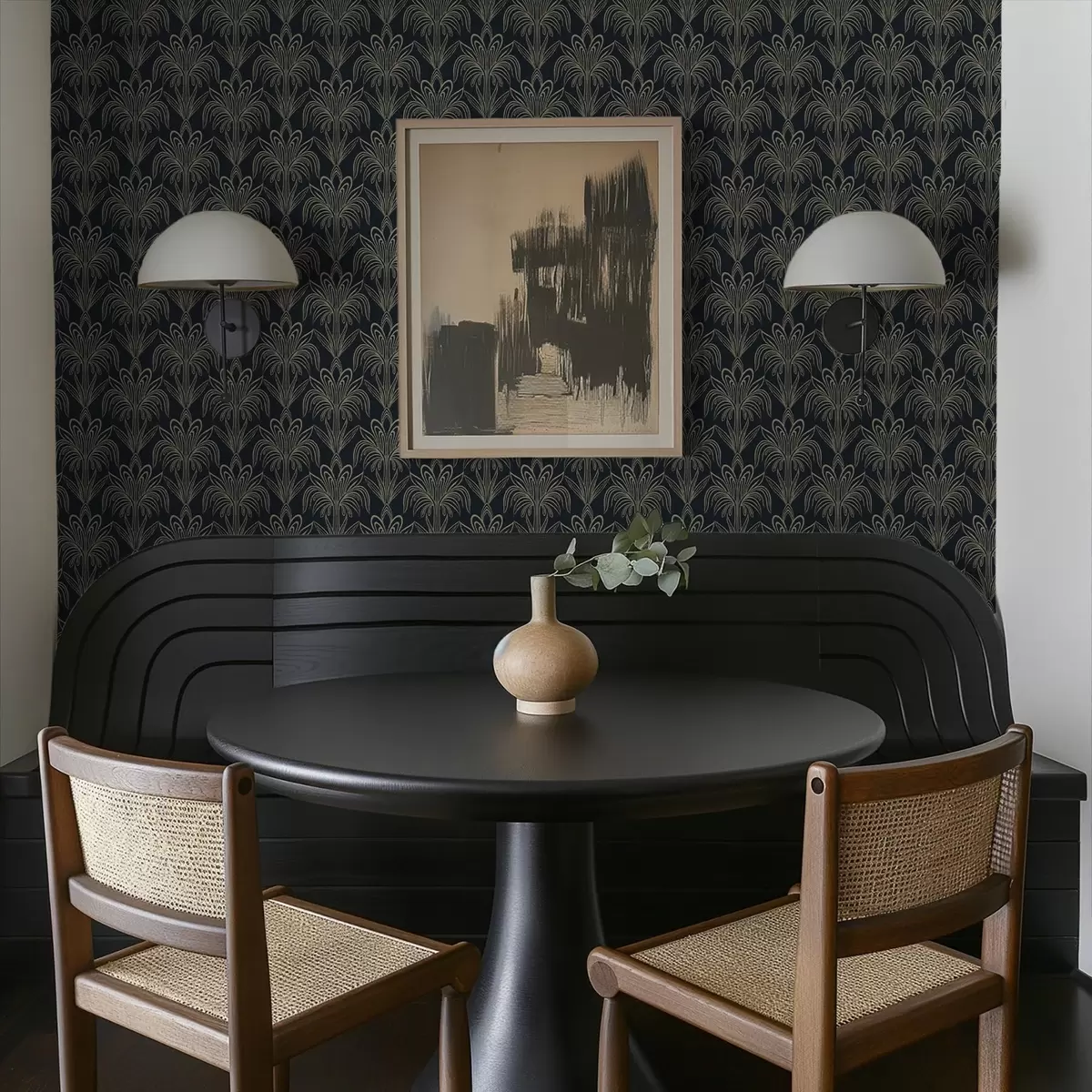 Тапети Тъмно арт деко орнамент със стилизирани растения a01065