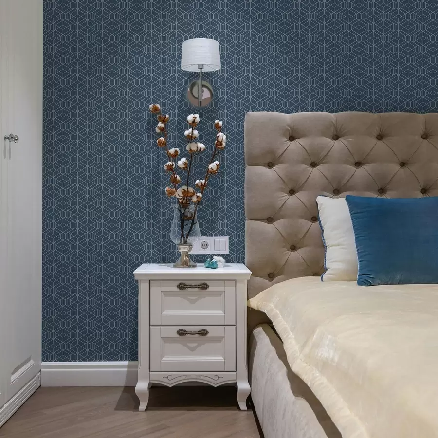 Фототапет Син фон с бели линейни кубове в решетка a01067v1