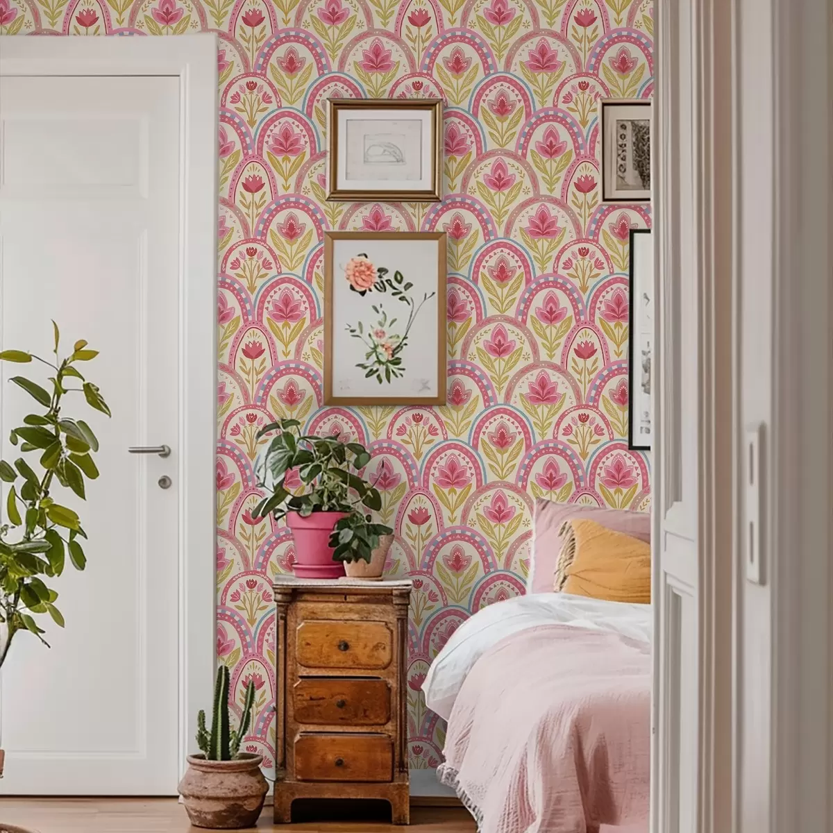 Тапети Арки с розови цветя в народно-стилен мотив a01080