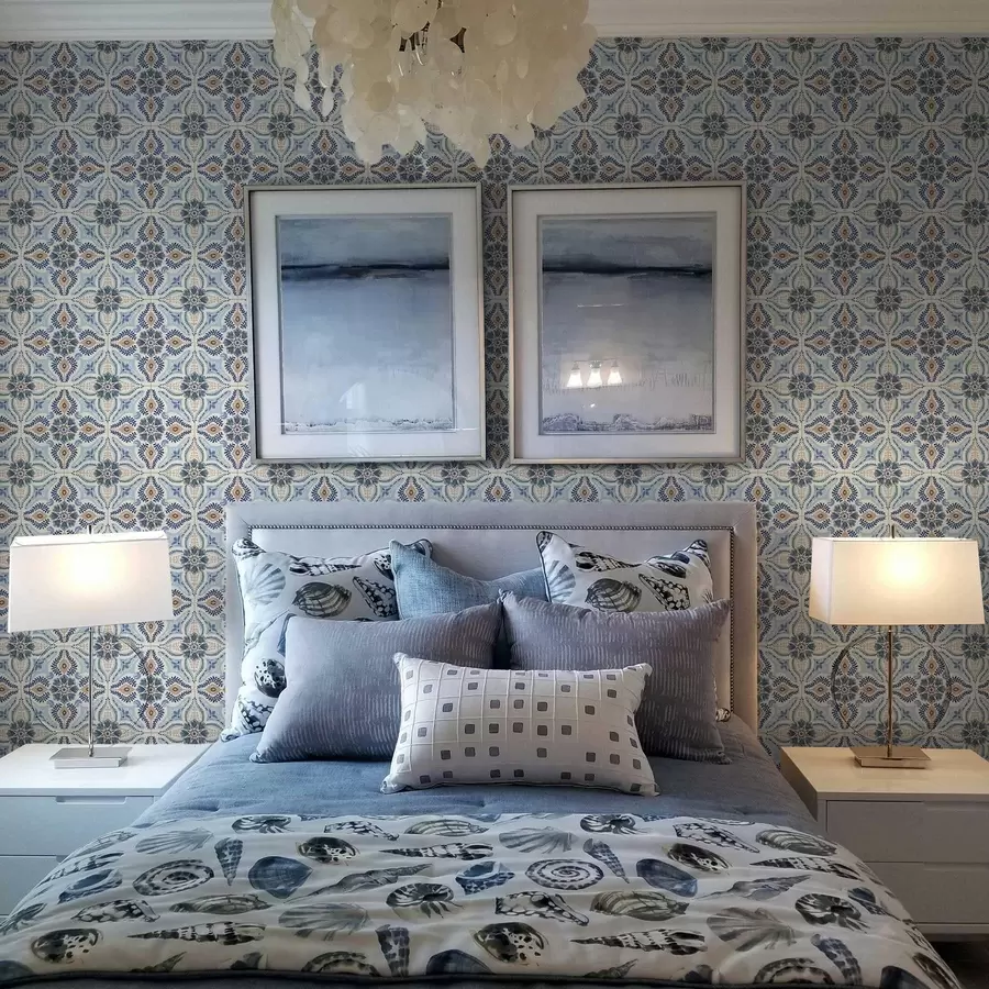 Фототапет Синьо-бежов орнамент в стил плочки, нарисуван с акварел a01085