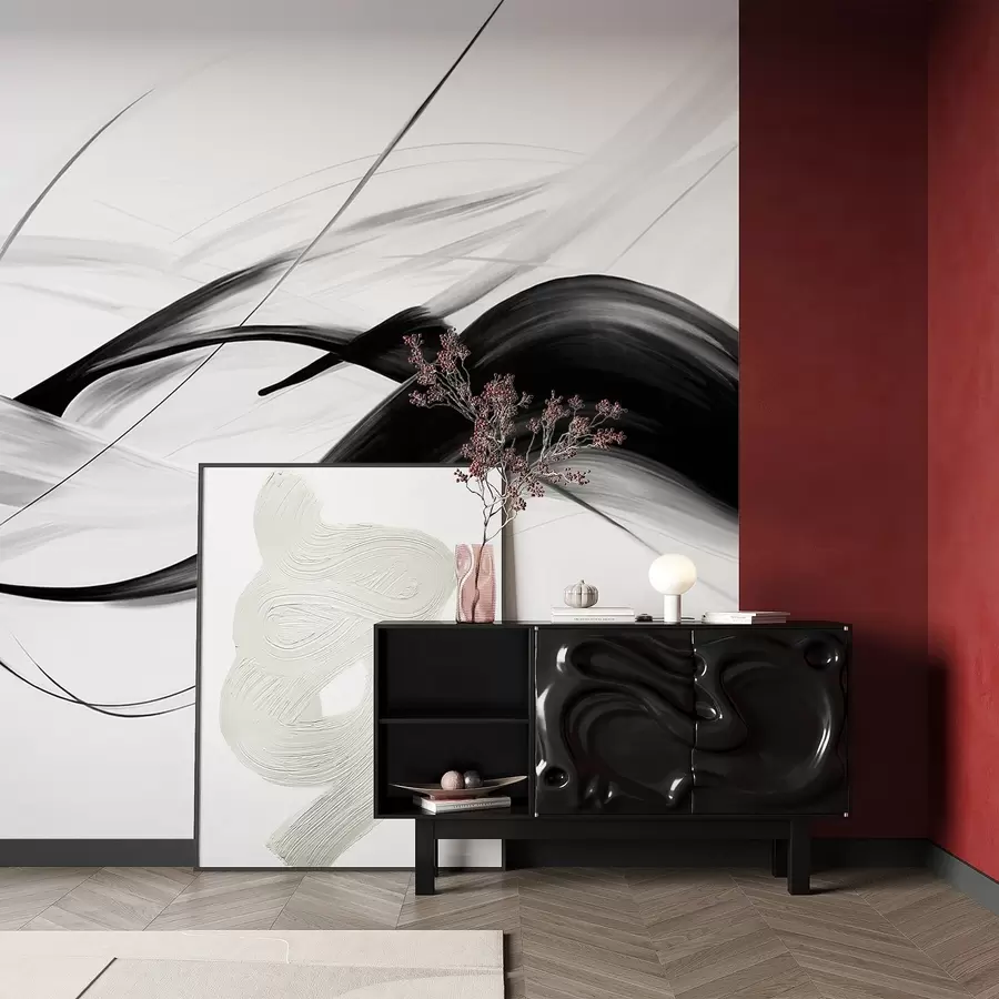 Фототапет Абстрактни черно-бели мазки с тънки линии, създаващи модерен дизайн на светъл фон w09605