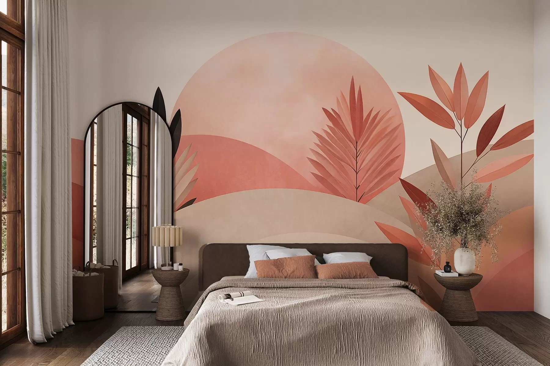 Фототапет Абстрактен бохо пейзаж, слънце зад хълмове, растения на преден план, минималистичен, текстуриран, приглушени цветове w09608