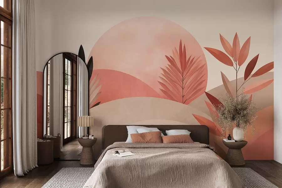 Фототапет Абстрактен бохо пейзаж, слънце зад хълмове, растения на преден план, минималистичен, текстуриран, приглушени цветове w09608