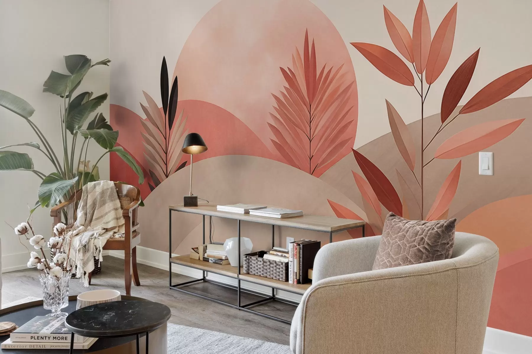 Фототапет Абстрактен бохо пейзаж, слънце зад хълмове, растения на преден план, минималистичен, текстуриран, приглушени цветове w09608