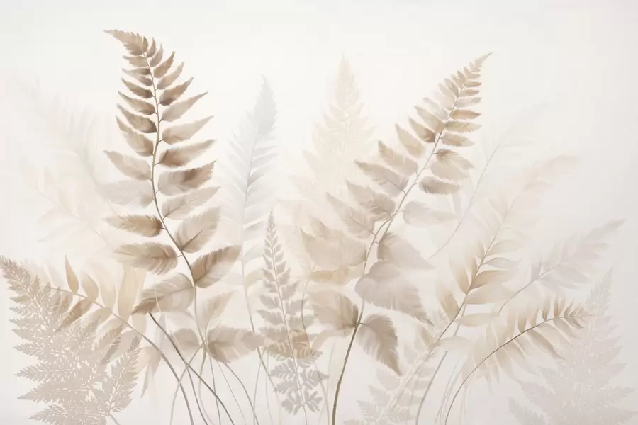 Фототапет Текстурирани изсушени листа от папрат в различни нюанси на кафяво, с мек, светъл фон в акварелен стил w09615