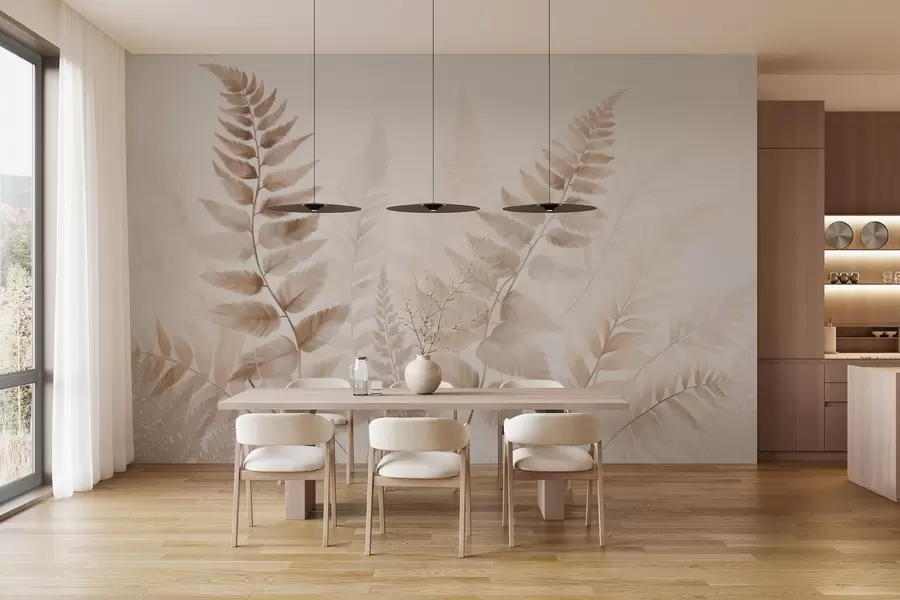 Фототапет Текстурирани изсушени листа от папрат в различни нюанси на кафяво, с мек, светъл фон в акварелен стил w09615