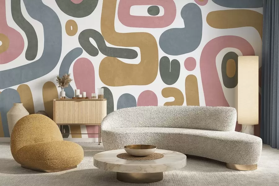 Фототапет Абстрактни текстурирани форми в пастелно розово, приглушено синьо, горчично жълто и сиво на бял фон, модерно изкуство w09620