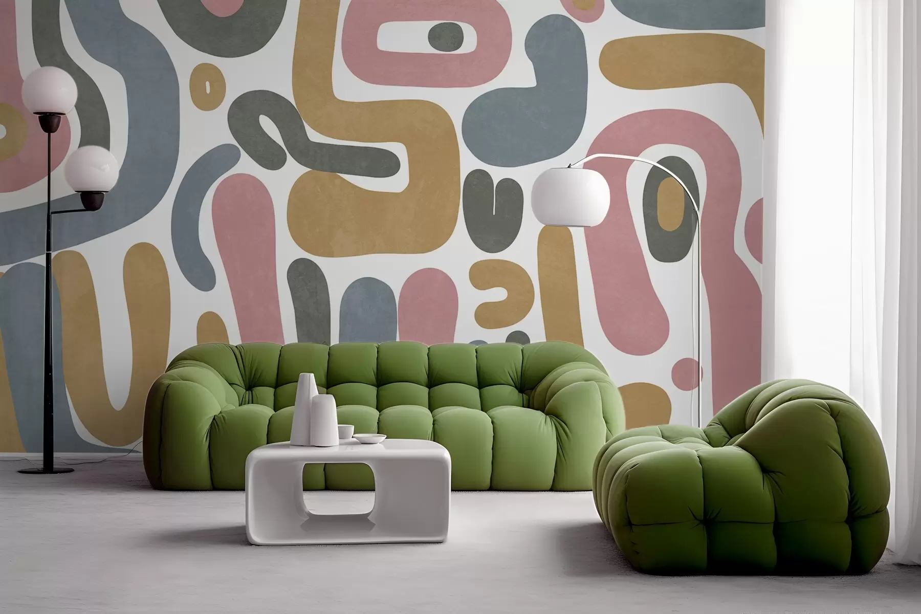 Фототапет Абстрактни текстурирани форми в пастелно розово, приглушено синьо, горчично жълто и сиво на бял фон, модерно изкуство w09620