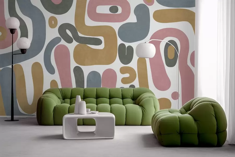 Фототапет Абстрактни текстурирани форми в пастелно розово, приглушено синьо, горчично жълто и сиво на бял фон, модерно изкуство w09620