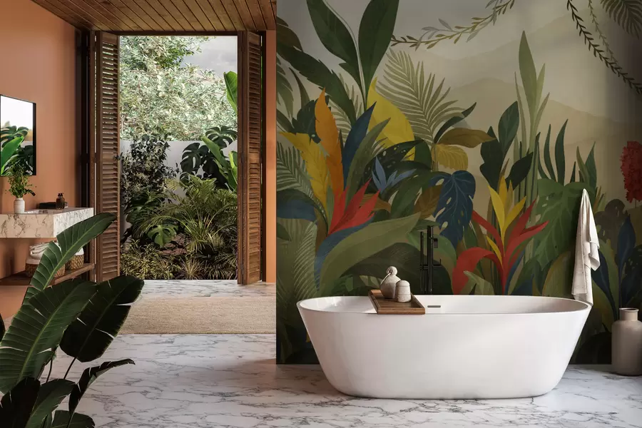 Фототапет Тропическа растителност с големи листа и цветя w05019