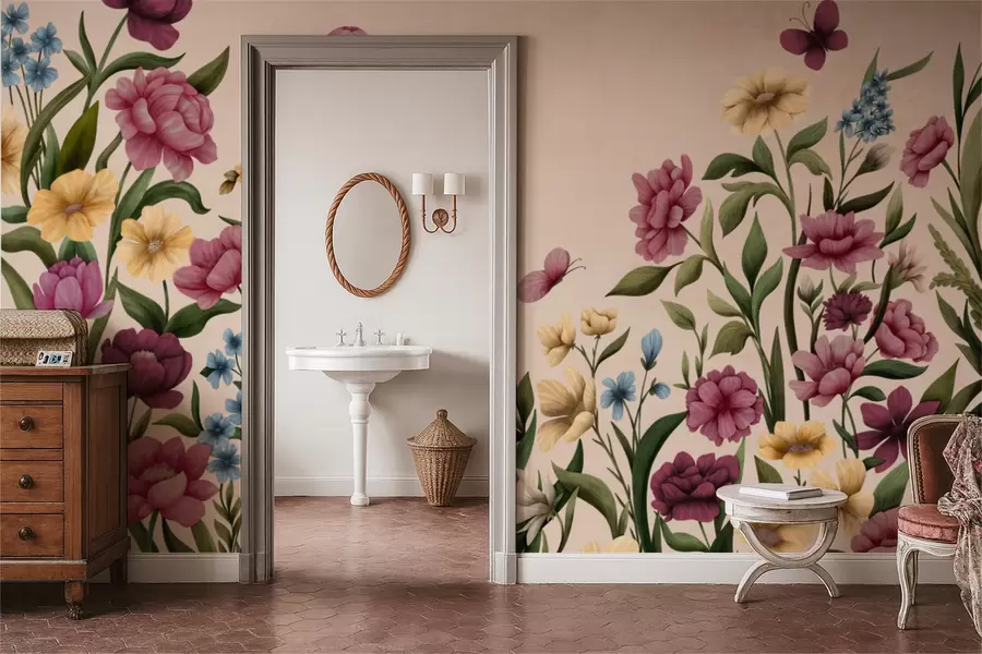 Фототапет Цветя с растения и пеперуди на светъл фон w05072