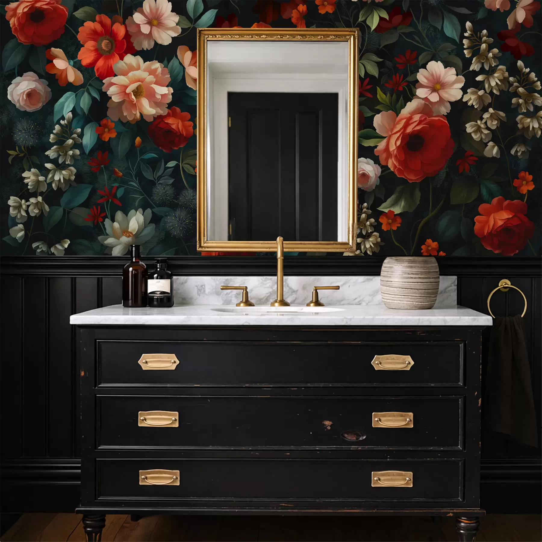 Фототапет Тъмно флорално мотив с пищни градински цветя w05087