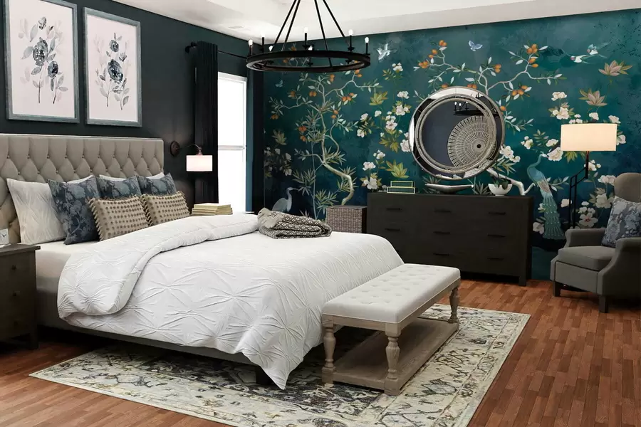 Фототапет Декоративна сцена с дървета, цветя и птици на тъмен фон w05004