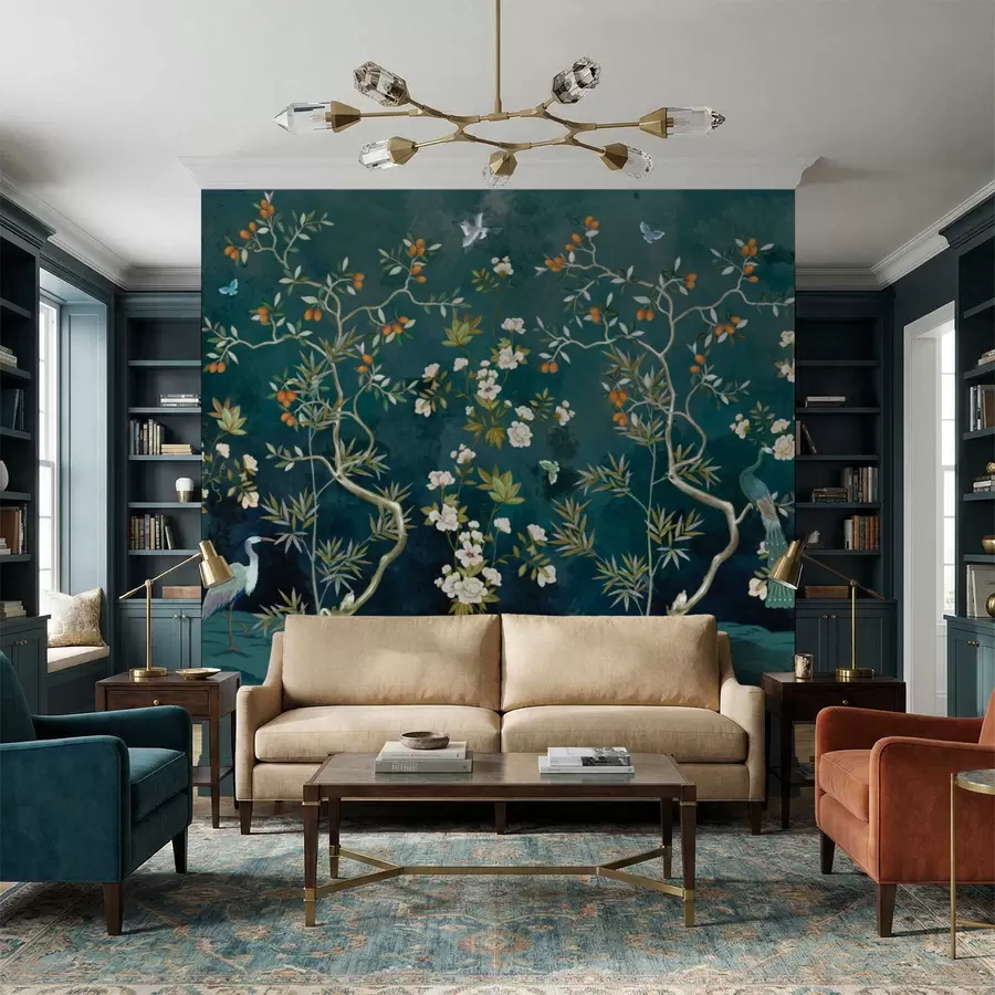 Фототапет Декоративна сцена с дървета, цветя и птици на тъмен фон w05004