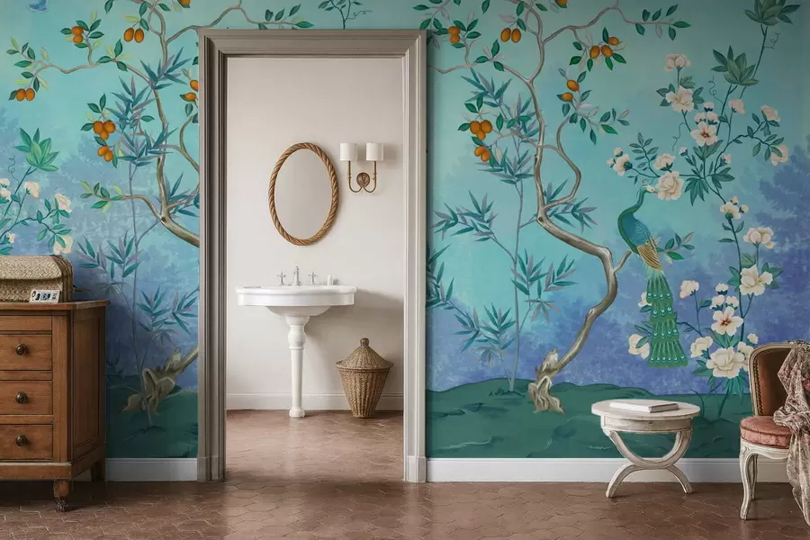 Фототапет Сцена с дървета, цветя и птици, син фон w05004v2