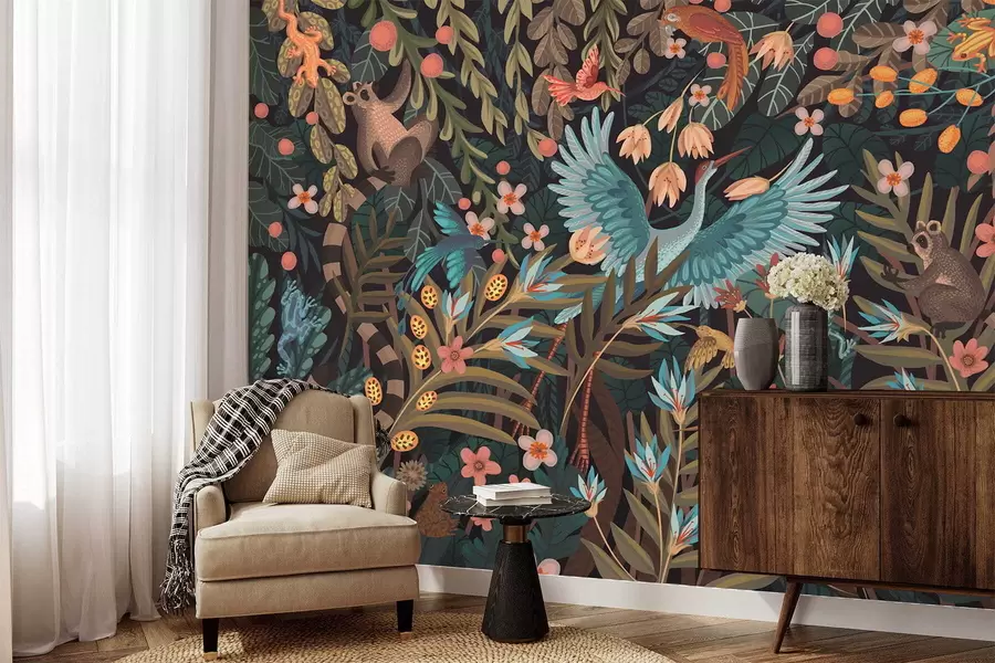 Фототапет Фантастична сцена с птици и животни сред растения w05024