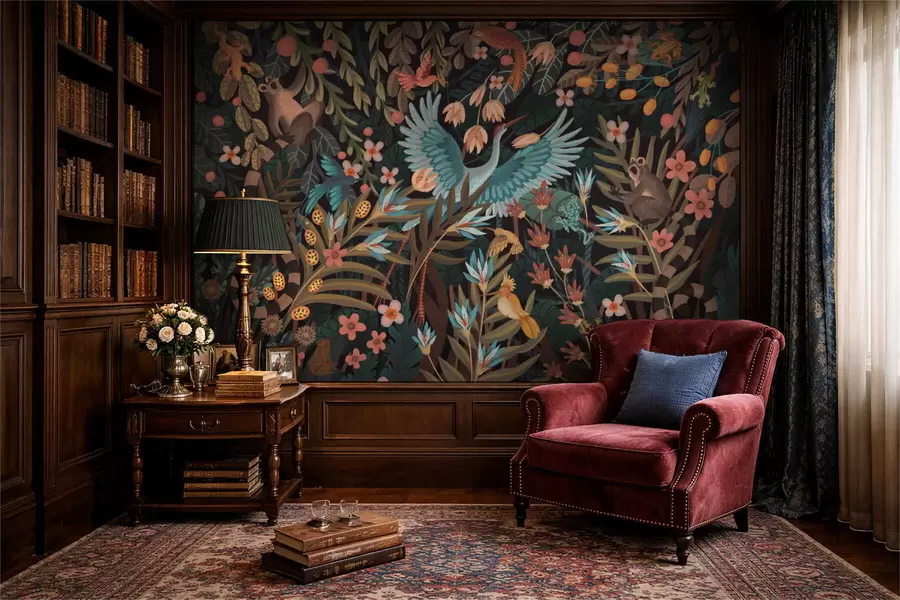 Фототапет Фантастична сцена с птици и животни сред растения w05024