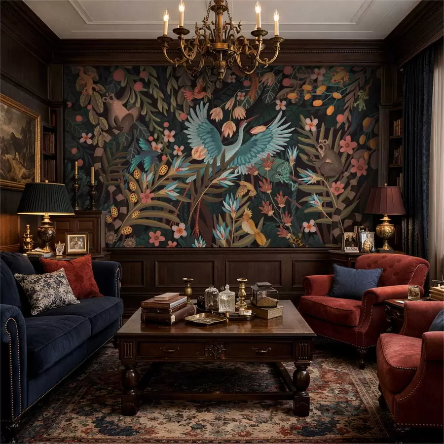 Фототапет Фантастична сцена с птици и животни сред растения w05024