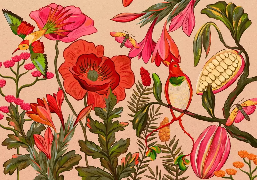 Фототапет Декоративни цветя и птици на бежов фон w05036