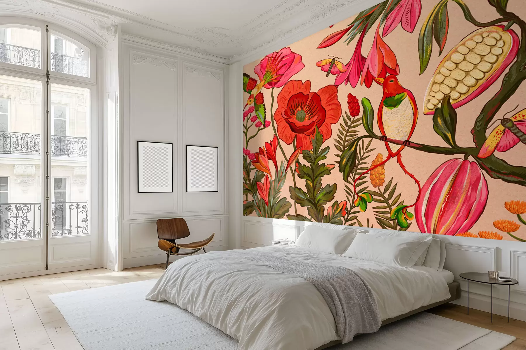 Фототапет Декоративни цветя и птици на бежов фон w05036