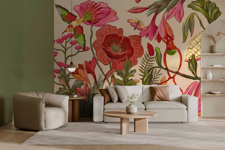 Фототапет Декоративни цветя и птици на бежов фон w05036