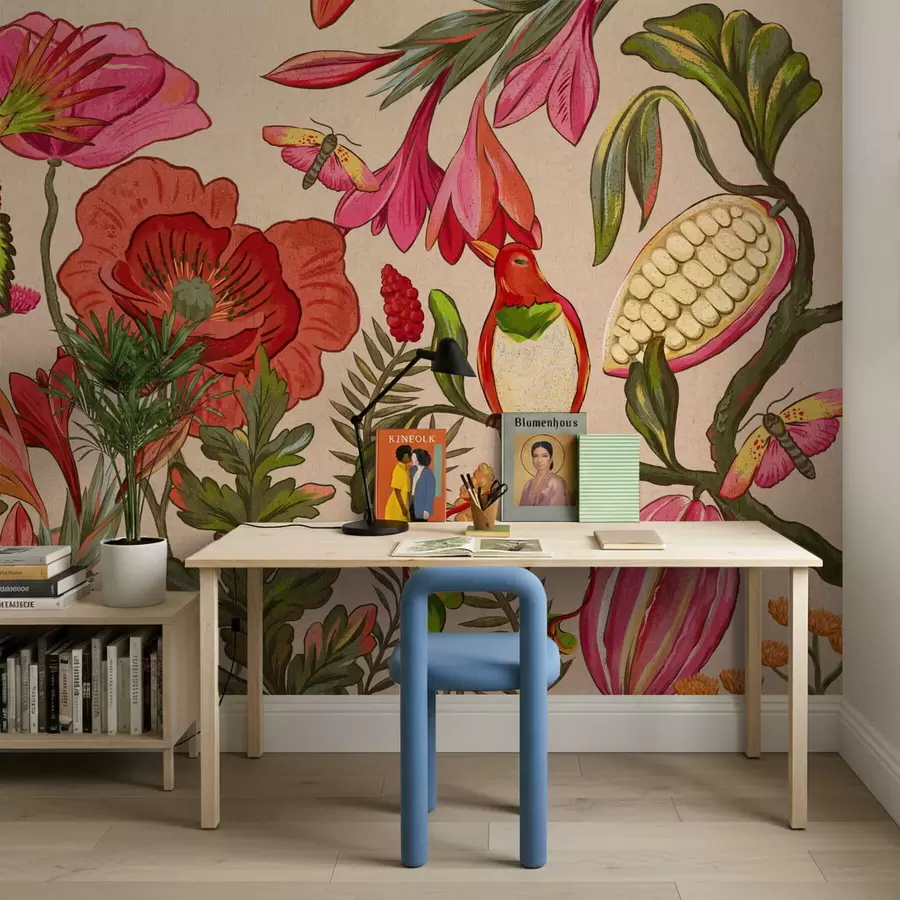 Фототапет Декоративни цветя и птици на бежов фон w05036