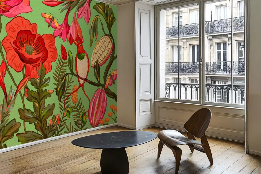 Фототапет Декоративни цветя и птици на зелен фон w05036v1