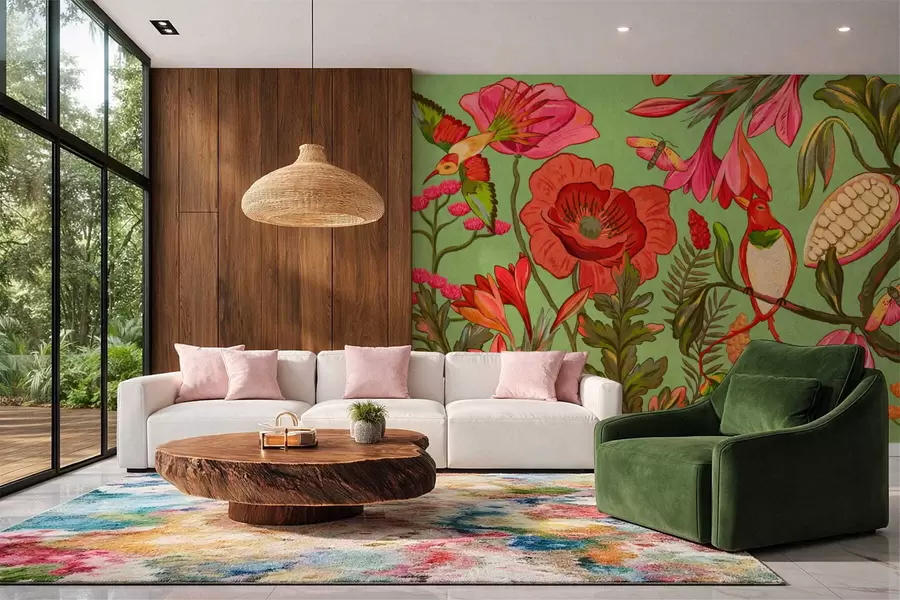 Фототапет Декоративни цветя и птици на зелен фон w05036v1