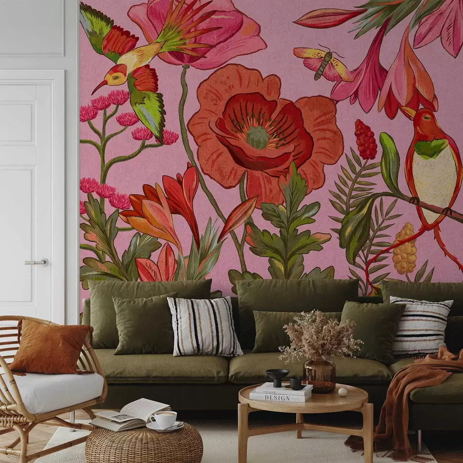 Фототапет Декоративни цветя и птици на розов фон w05036v2