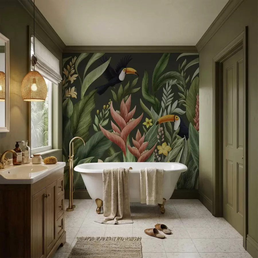 Фототапет Тропическа растителност и птици с големи клюнове на тъмен фон w05088