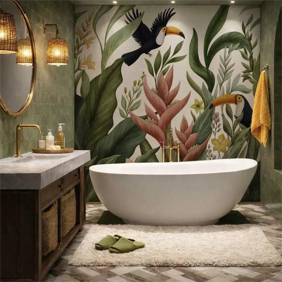 Фототапет Тропически растения и птици с големи клюнове на светъл фон w05088v1