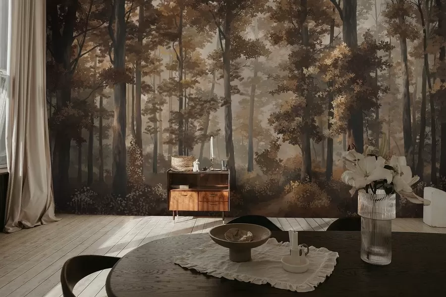 Фототапет Есенна горска гледка с топла светлина и гъсти дървета w05089v1