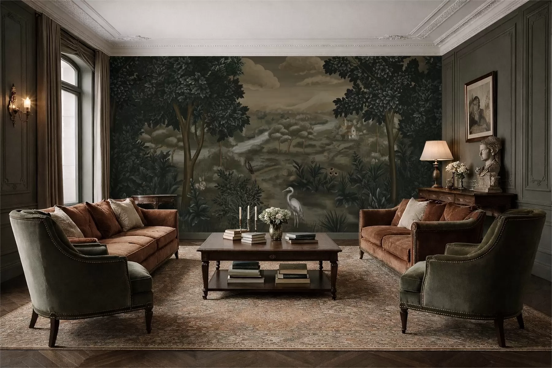 Фототапет Фантастичен пейзаж с река, къща и птици сред дърветата w05090