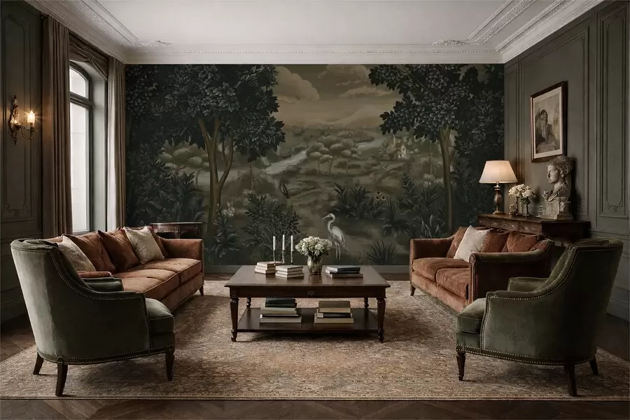 Фототапет Фантастичен пейзаж с река, къща и птици сред дърветата w05090