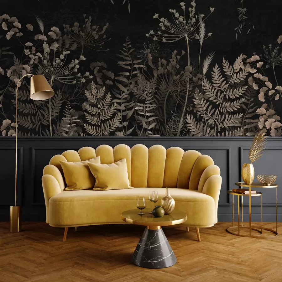 Фототапет Тъмно ботанично мотив с цветя и листа w05092