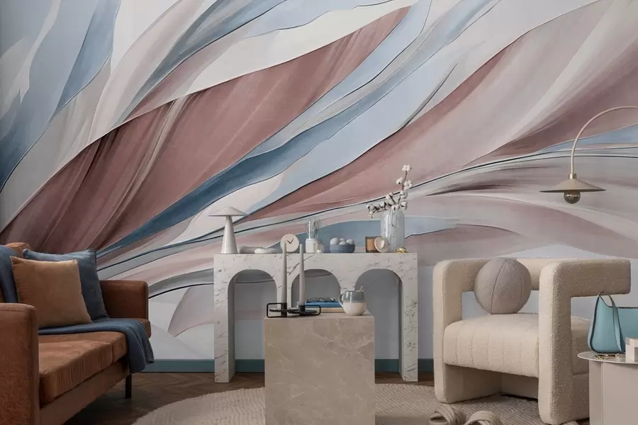 Фототапет Абстрактни вълни в синьо и кафяво, с тънки форми и линии, на бял фон, текстурирано изкуство w09585v1