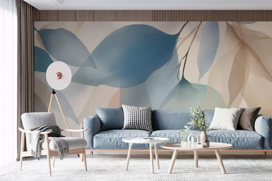 Фототапет елегантни полупрозрачни листа в нюанси на синьо и бежово w05060