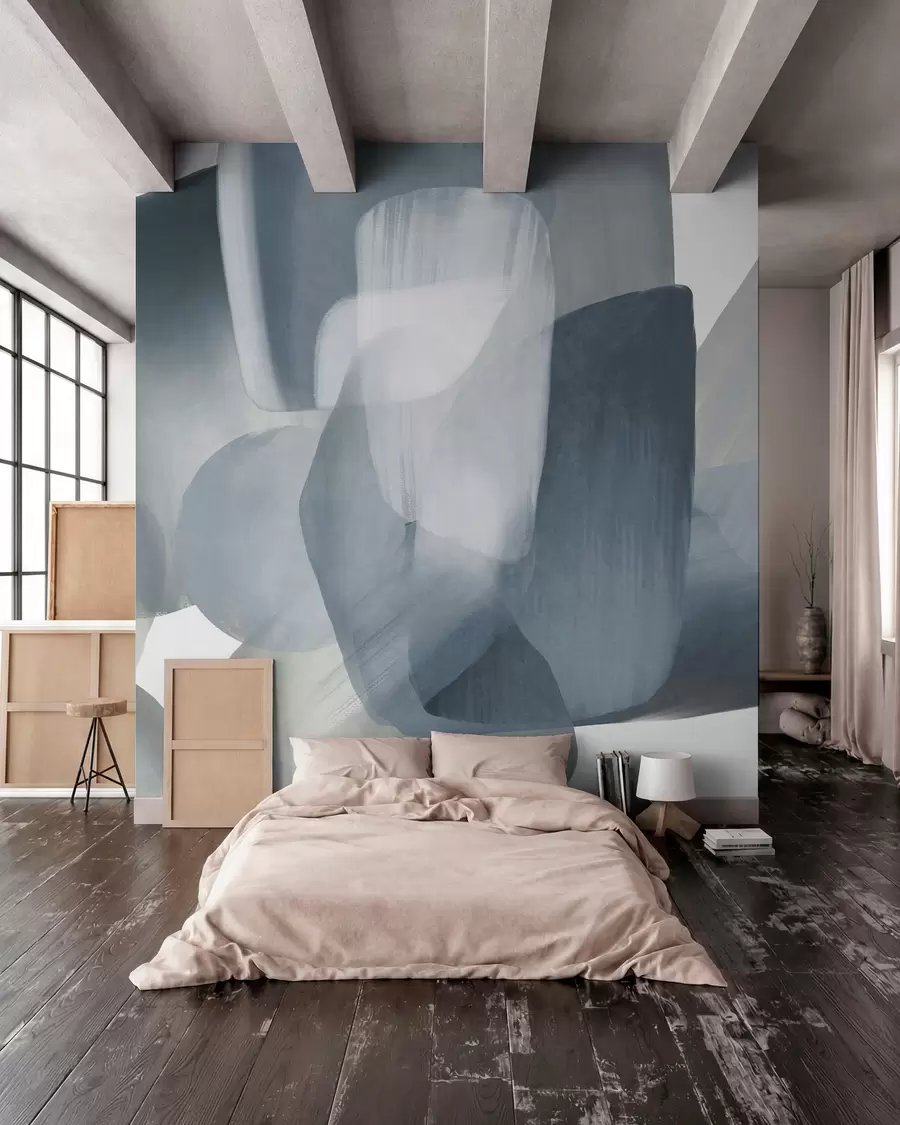 Фототапет Абстрактни текстурирани форми в приглушени сини и сиви цветове, с меки ръбове и припокриващи се слоеве w09642v1