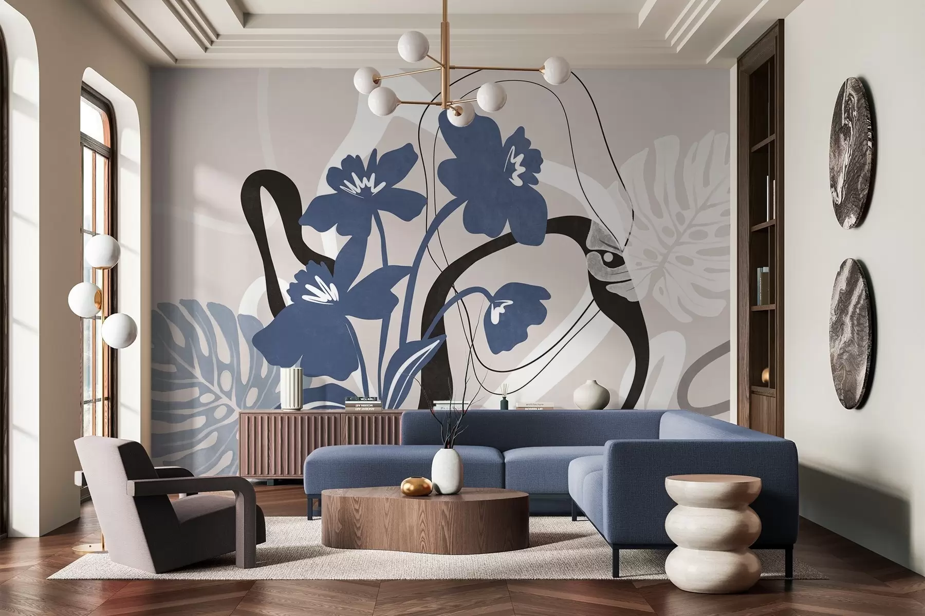 Фототапет Абстрактни сини цветя с текстура, с бели и черни форми на светлобежов фон, минималистично изкуство w09645