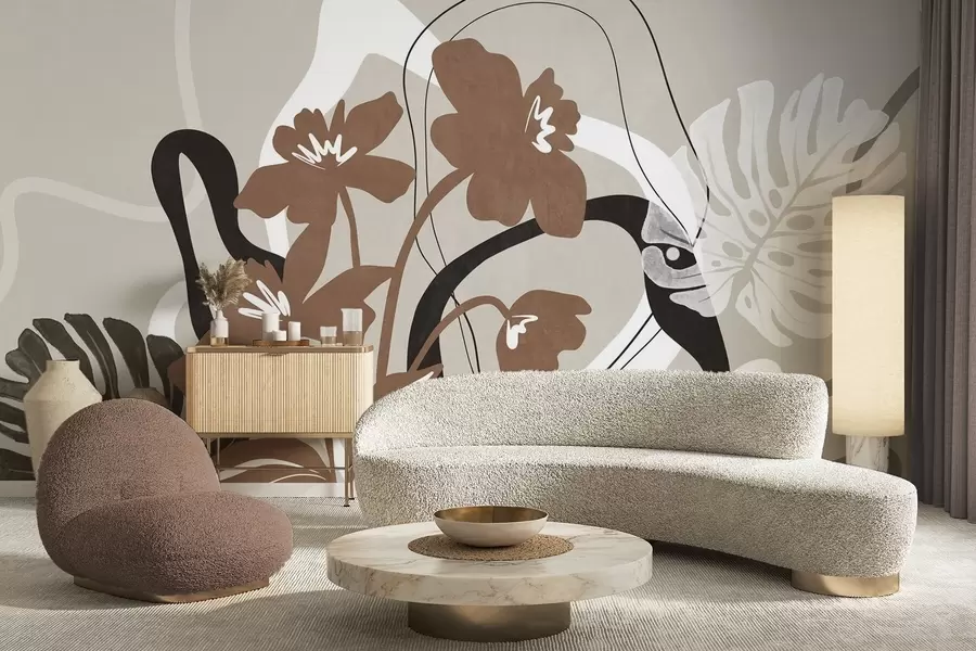 Фототапет Абстрактни кафяви цветя с бяла и черна текстура на бежов фон, минималистично изкуство w09645v1