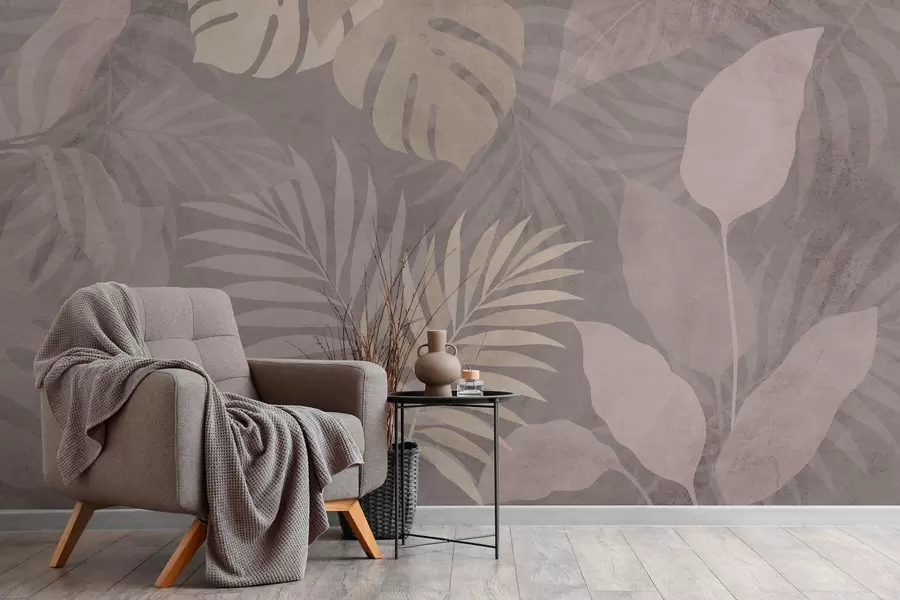 Фототапет текстурирани тропически листа на сив фон w05063v1