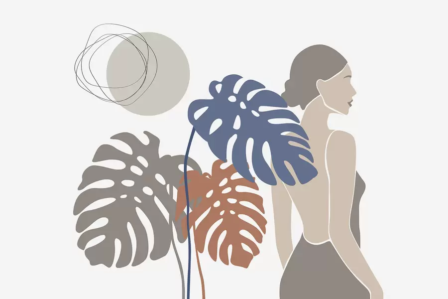 Фототапет Силует на жена до тропически листа w05192