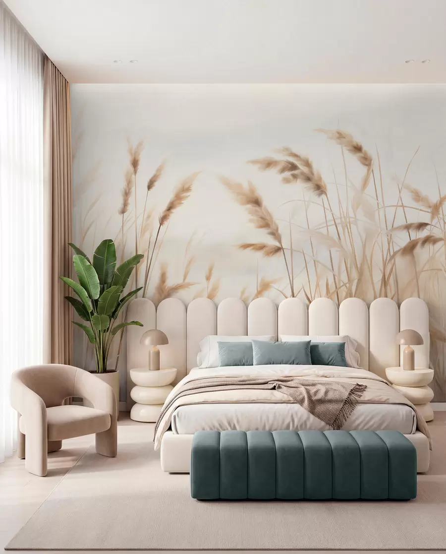 Фототапет Висока, текстурирана суха трева с класове пшеница на полето на фона на мек, блед фон w09648