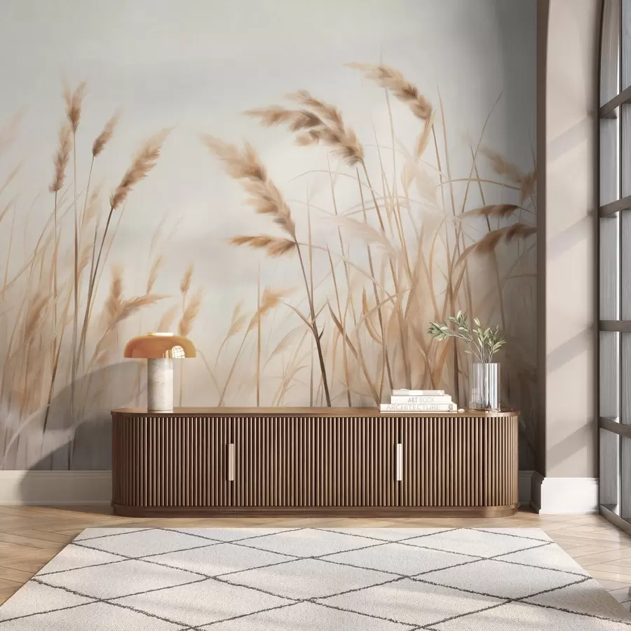 Фототапет Висока, текстурирана суха трева с класове пшеница на полето на фона на мек, блед фон w09648