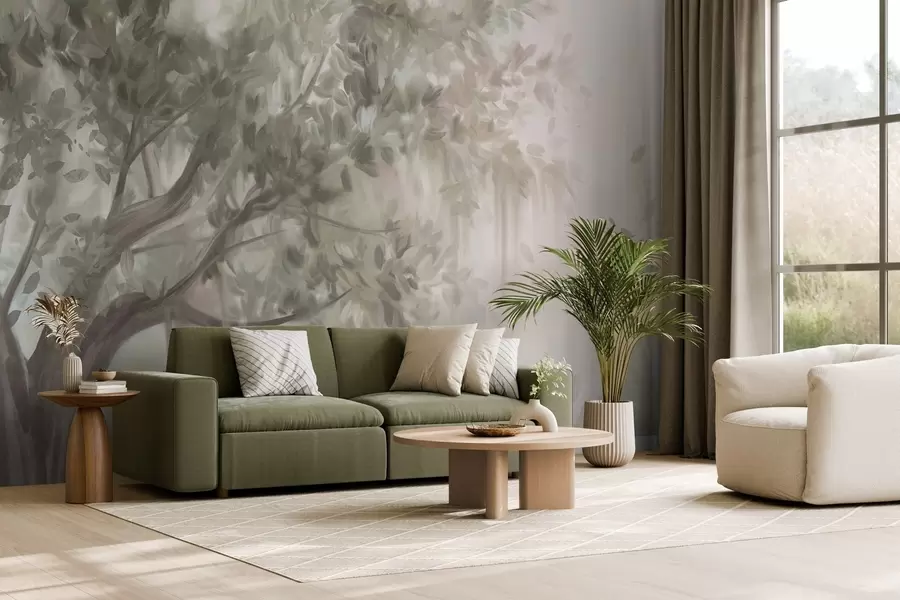 Фототапет Текстурирано дърво със светлозелени листа и клони, с мек, мъглив фон w09650