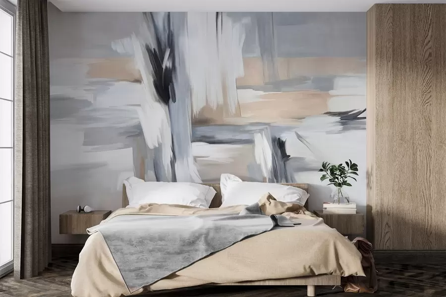 Фототапет Абстрактен стил на рисуване с текстура и мазки в нюанси на бяло, сиво и бежово w09651