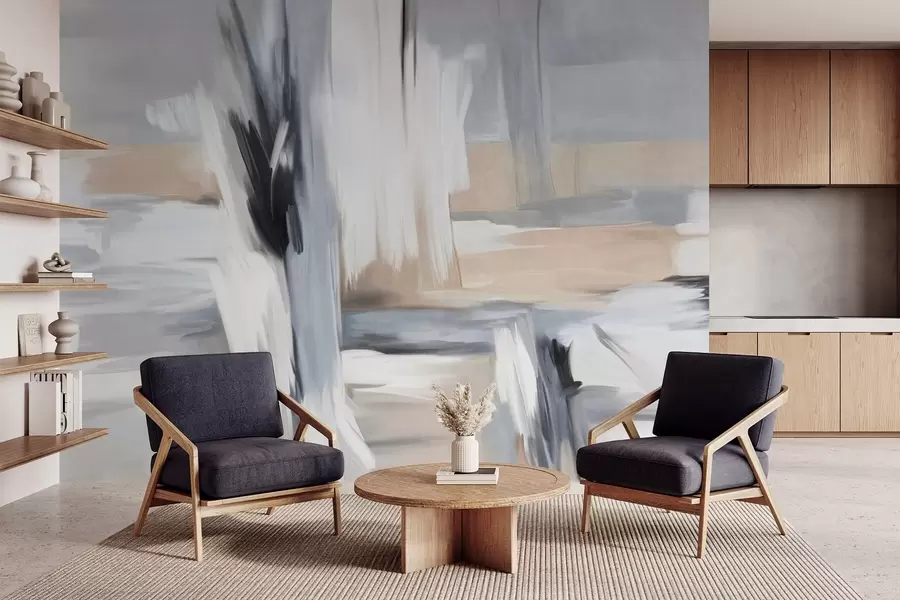 Фототапет Абстрактен стил на рисуване с текстура и мазки в нюанси на бяло, сиво и бежово w09651